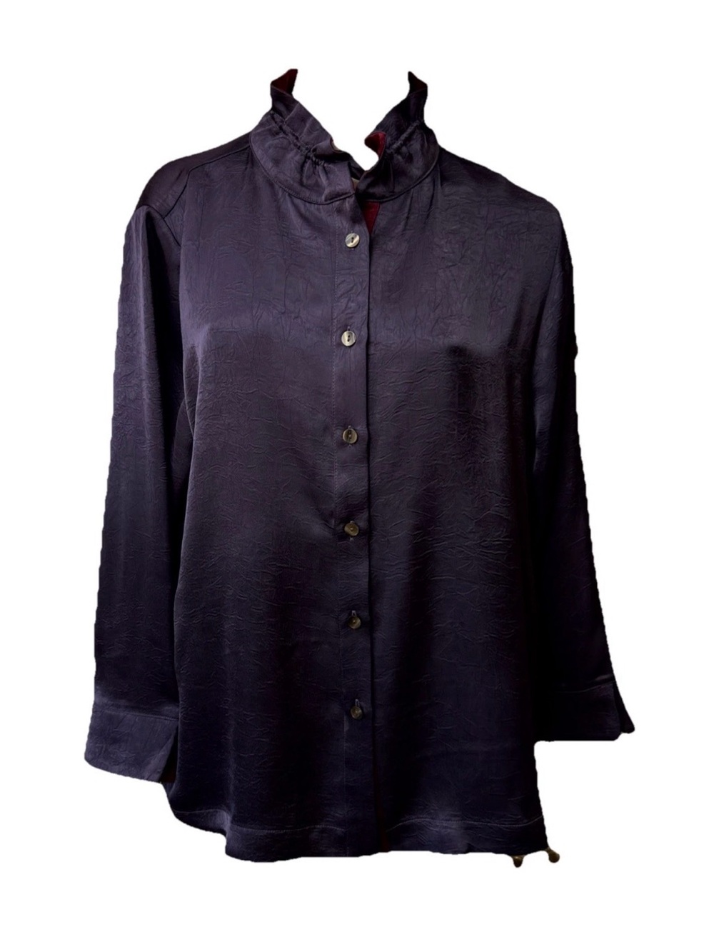 Silky Button-Up Ruffled Collar Blouse - Deep Purple